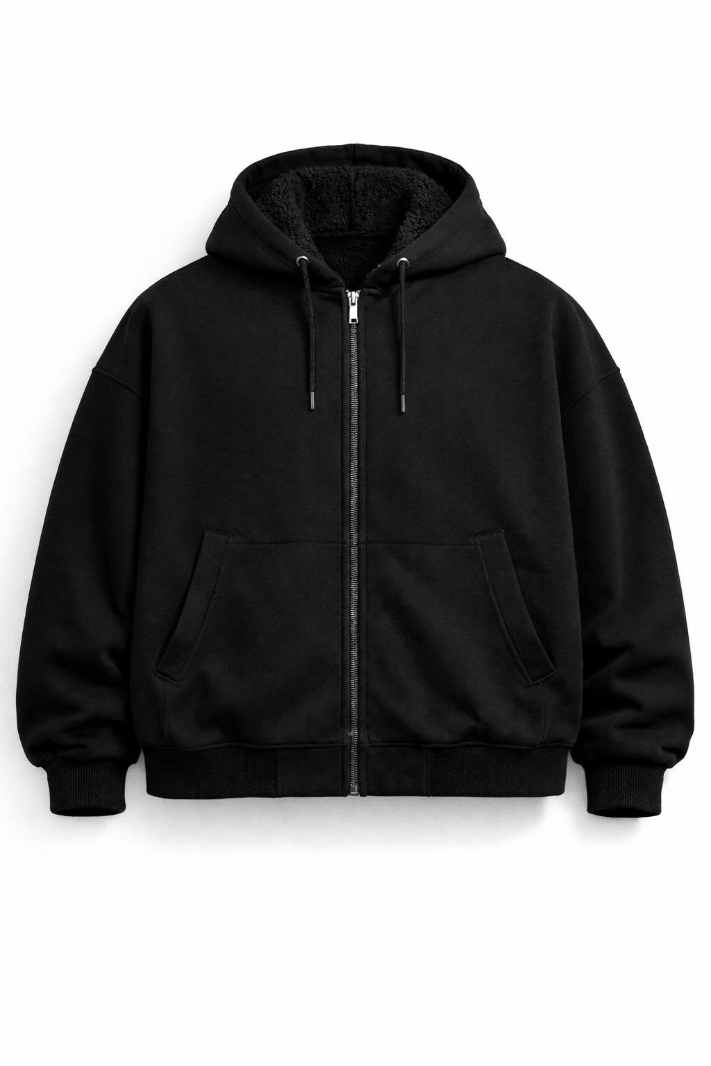 Sherpa-Lined Zip Hoodie - Black
