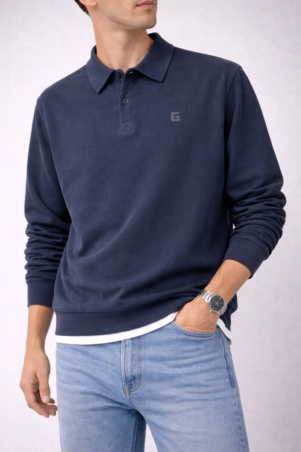 Ribbed Polo Sweatshirt – Navy