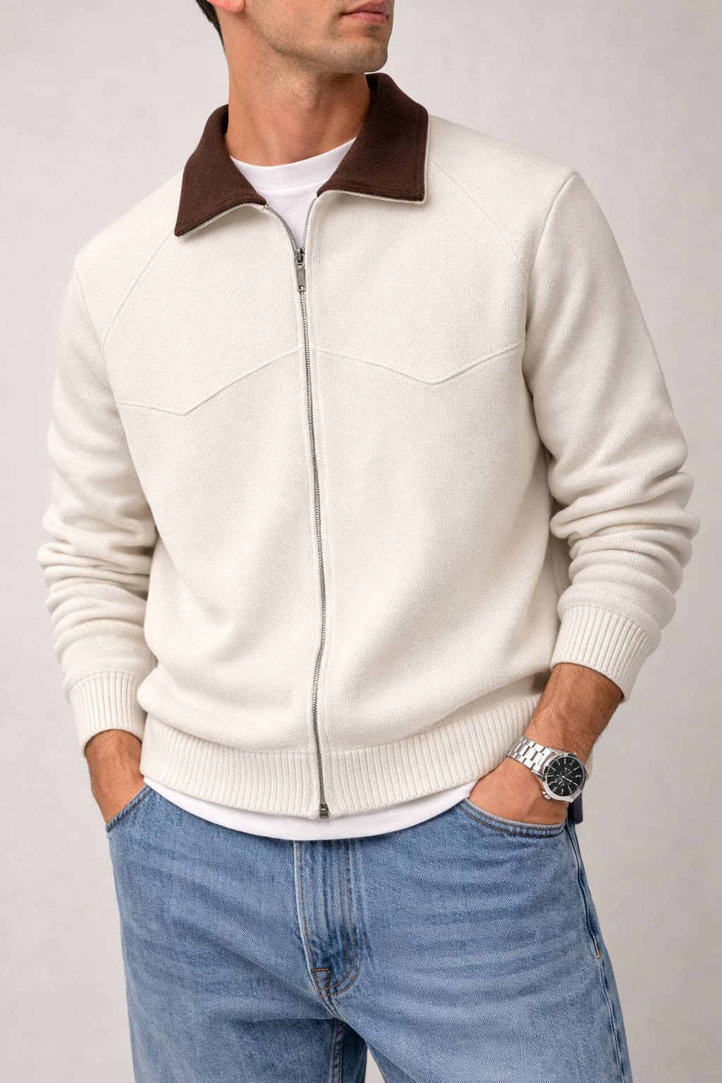 Contrast Collar Full‑Zip Knit Jacket