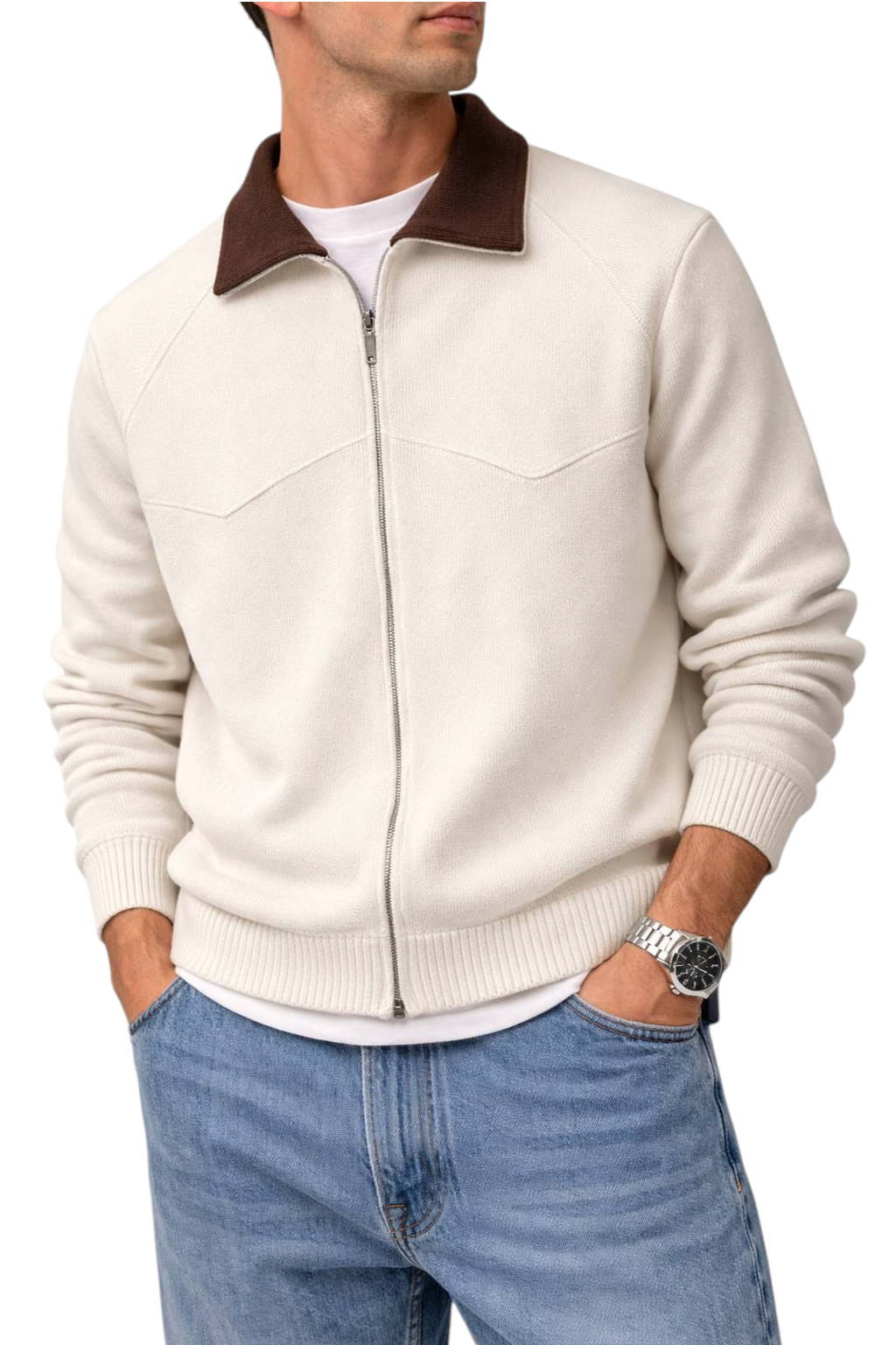 Contrast Collar Full‑Zip Knit Jacket