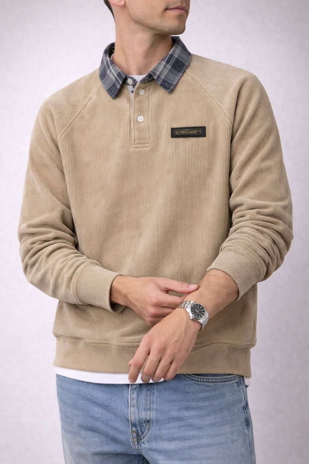 Plaid Collar Corduroy Sweatshirt