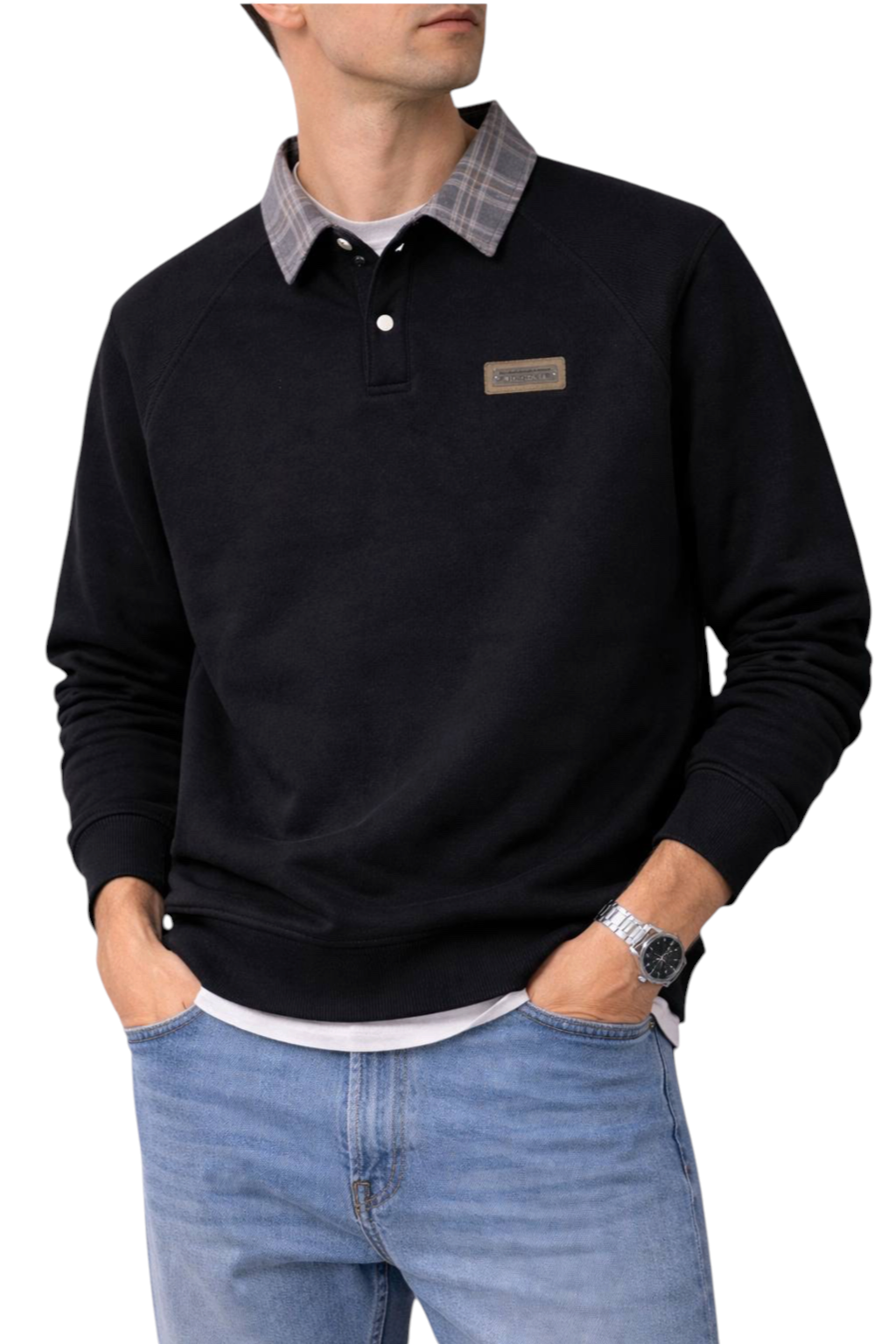 Golinzo black corduroy sweatshirt featuring a grey plaid point collar, button placket, and tonal chest patch.