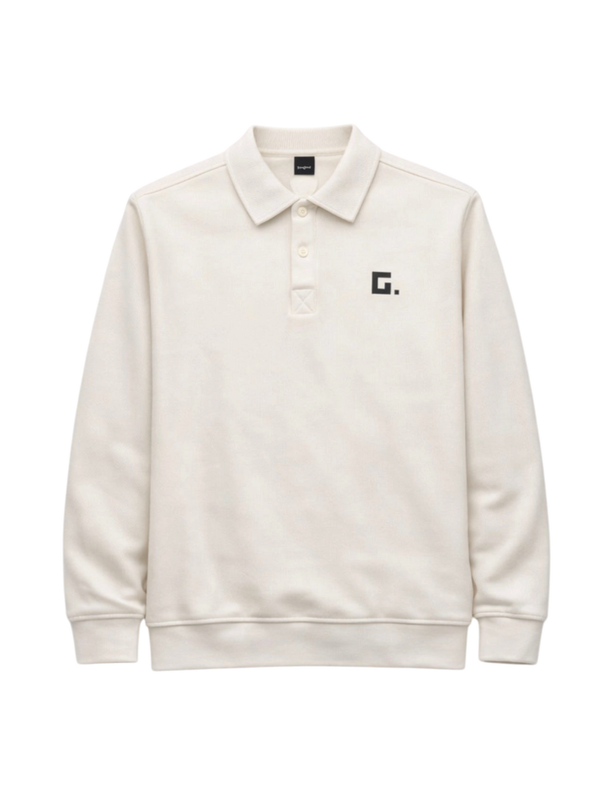 Golinzo cream fleece sweatshirt with a collared two-button placket and a small black G. logo on the chest.