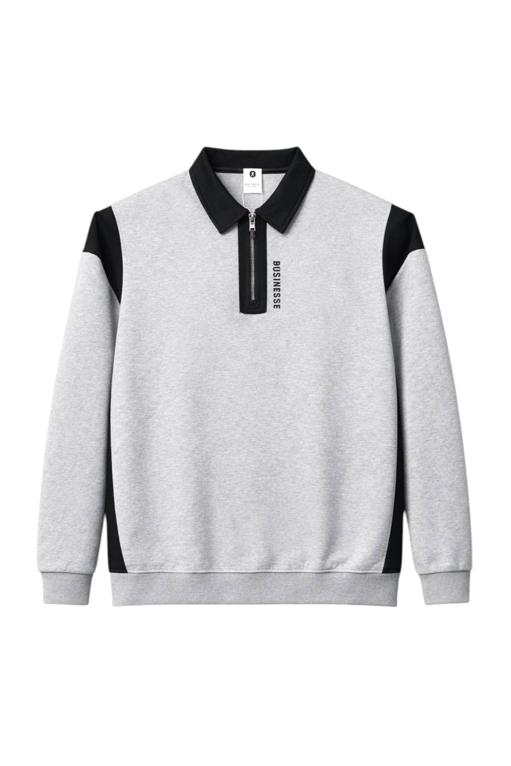 Golinzo grey and black contrast panel quarter-zip sweatshirt with a polo collar and ribbed hem.