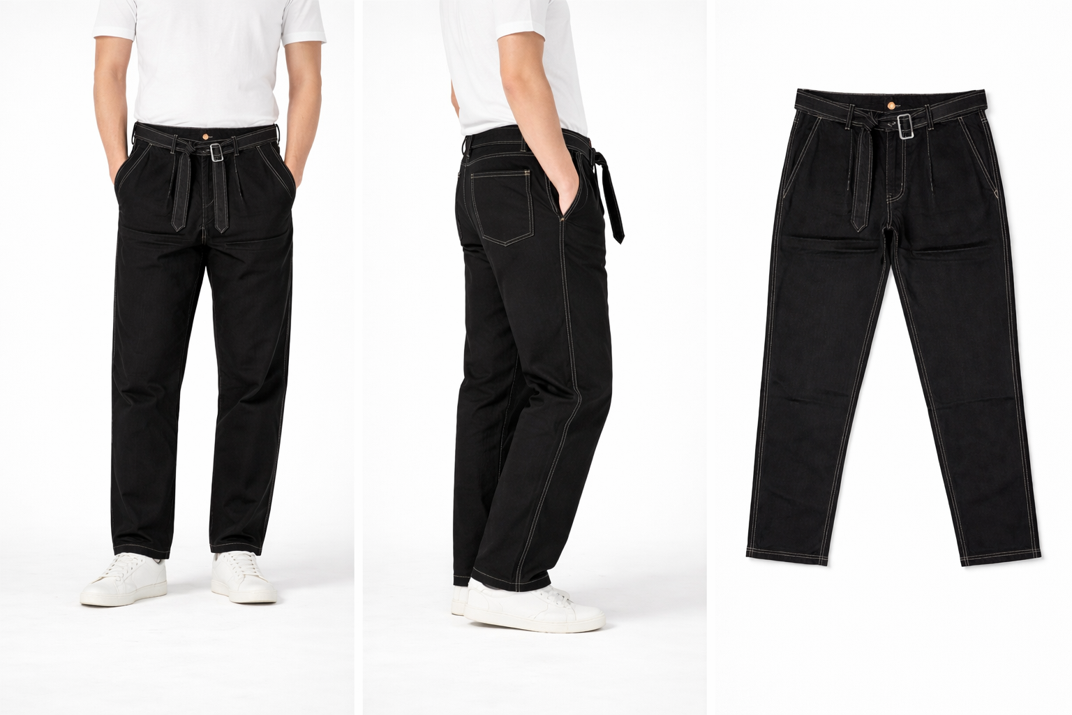 #P-2 Relaxed Fit Belted Pants - Black & Cream