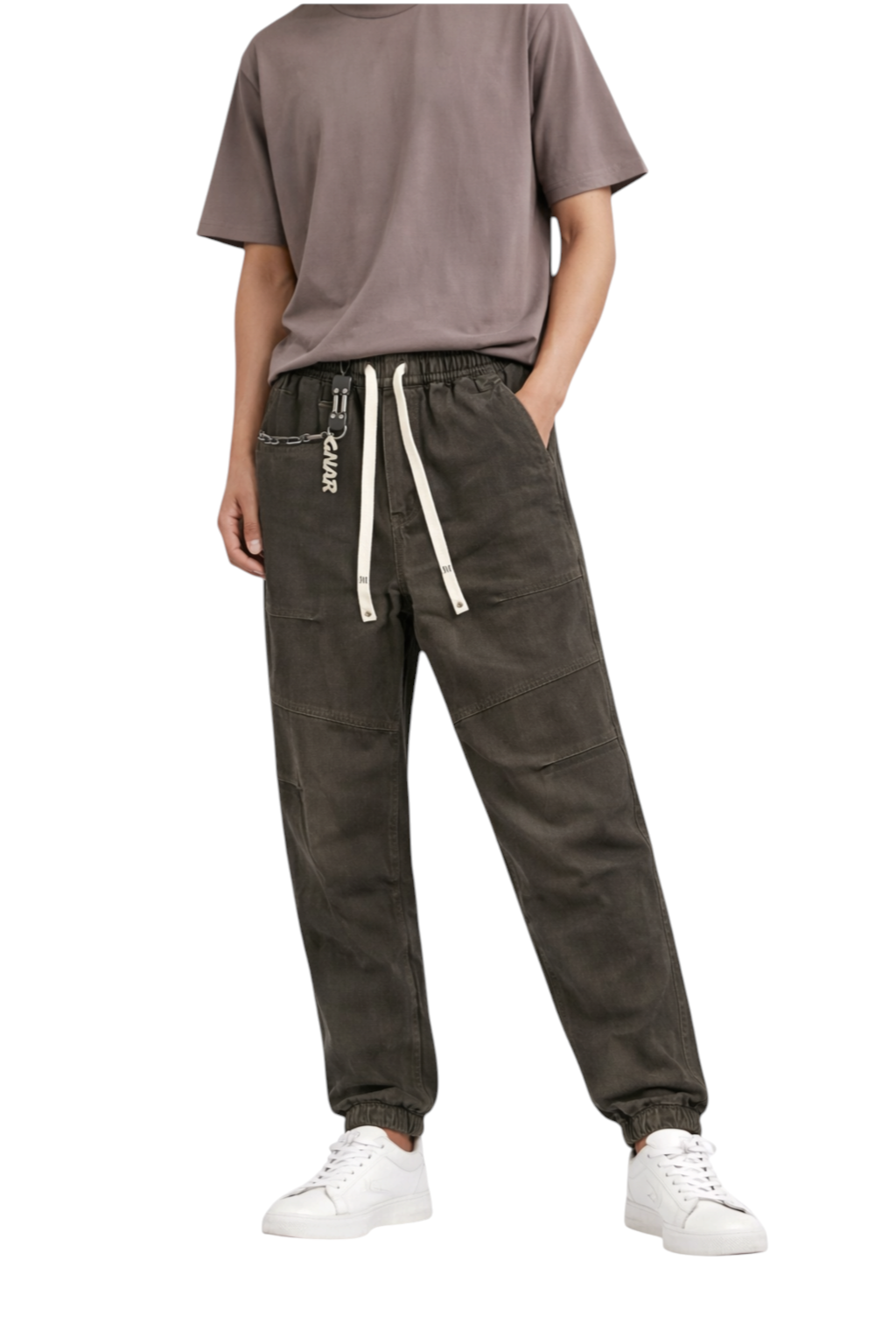 Golinzo utility washed jogger pants in dark grey with side chain detail, elastic waistband, and relaxed fit.