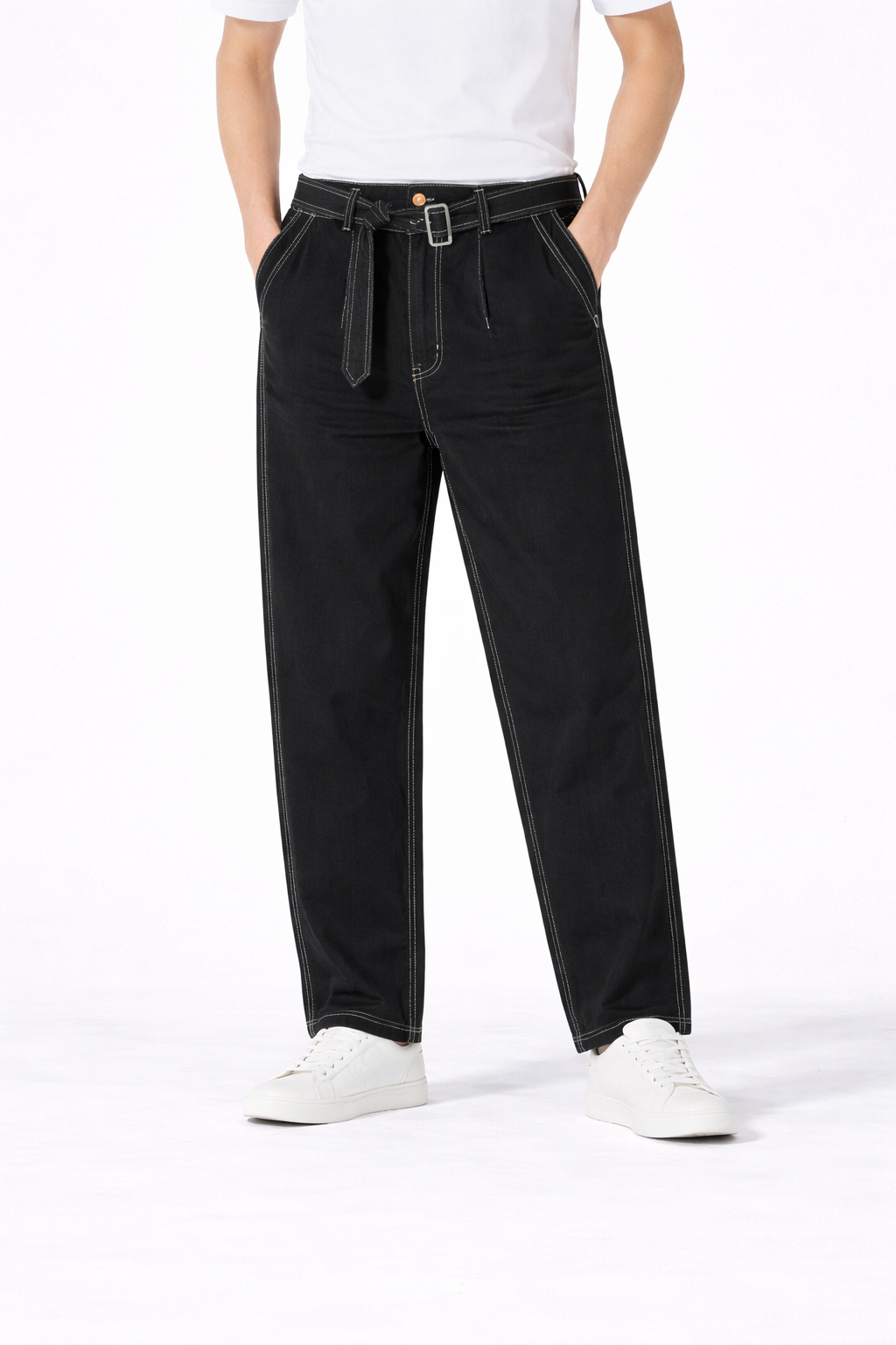 #P-2 Relaxed Fit Belted Pants - Black & Cream
