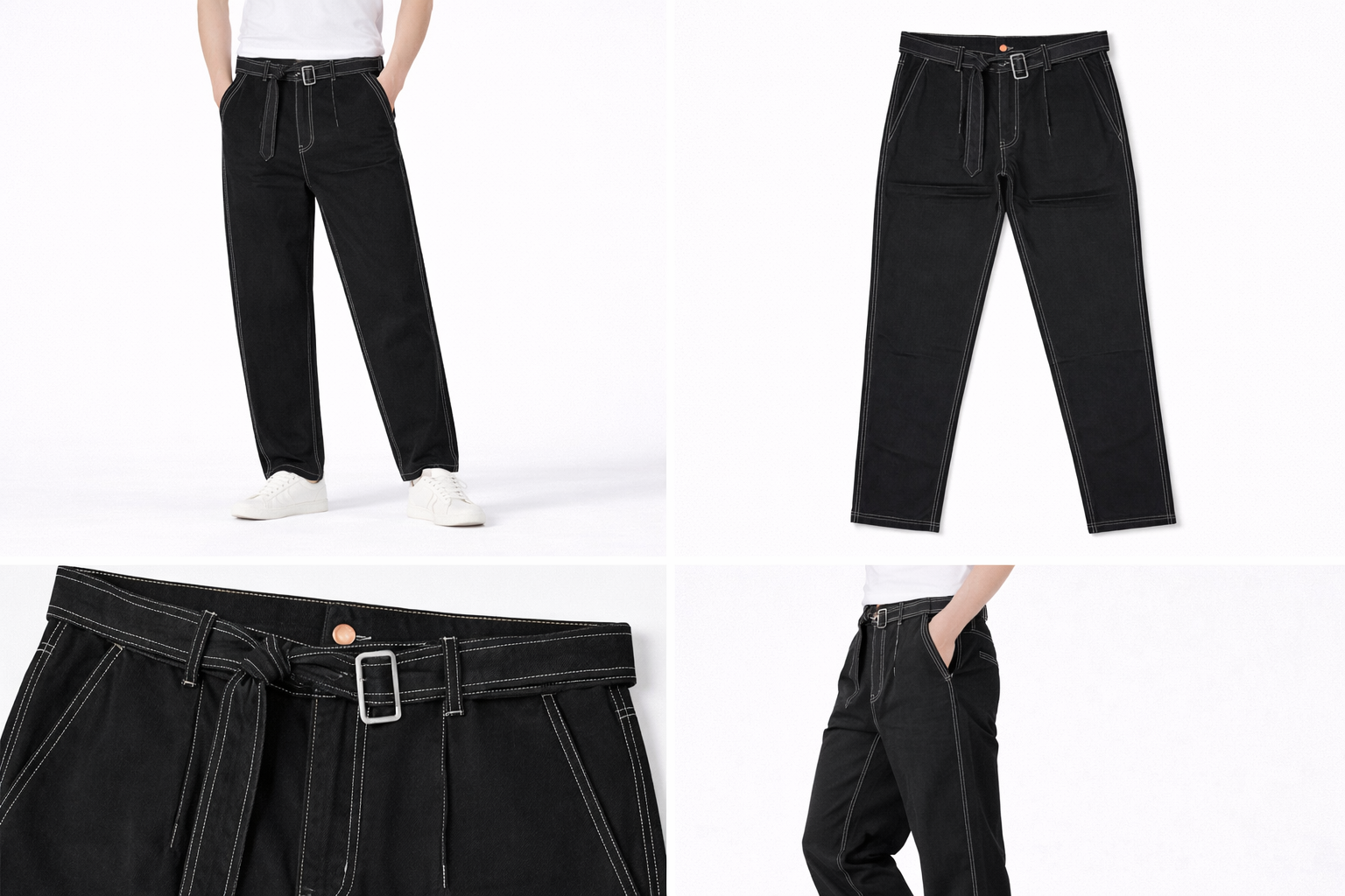 #P-2 Relaxed Fit Belted Pants - Black & Cream