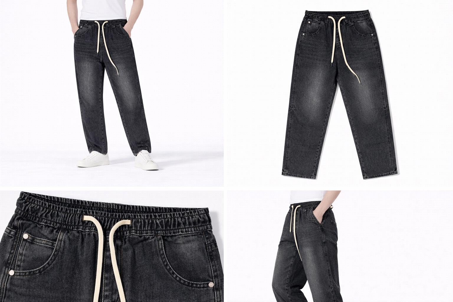 #P-15 Relaxed Fit Washed Black Denim Pants