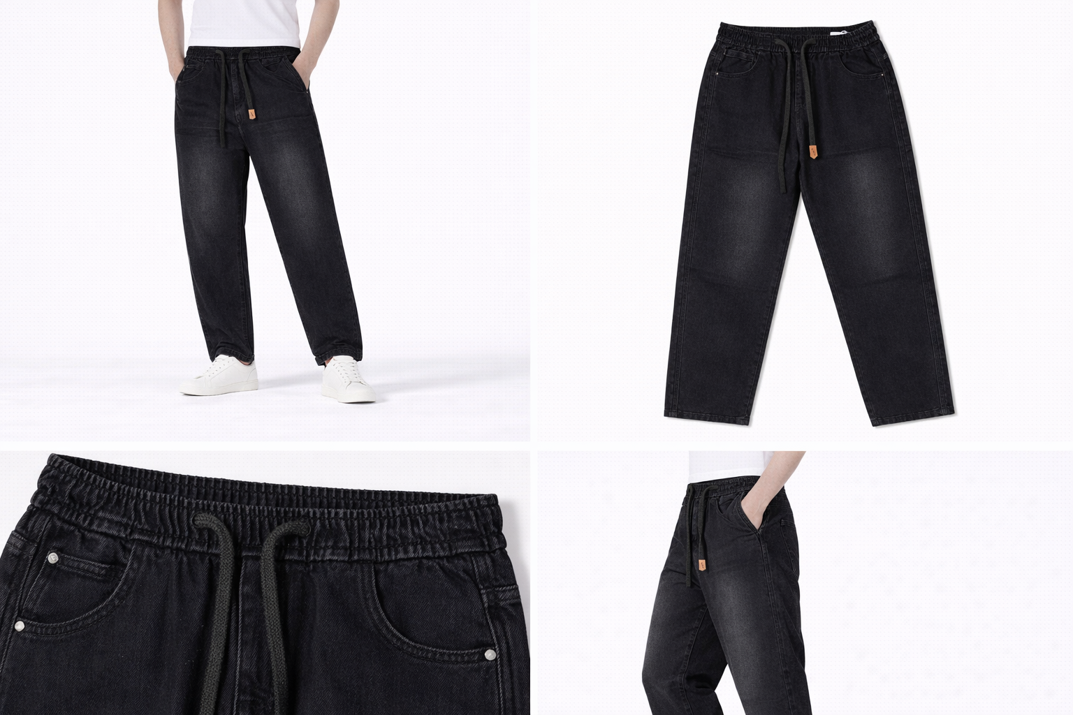 #P-6 Relaxed Fit Black Denim Pants with Drawstring