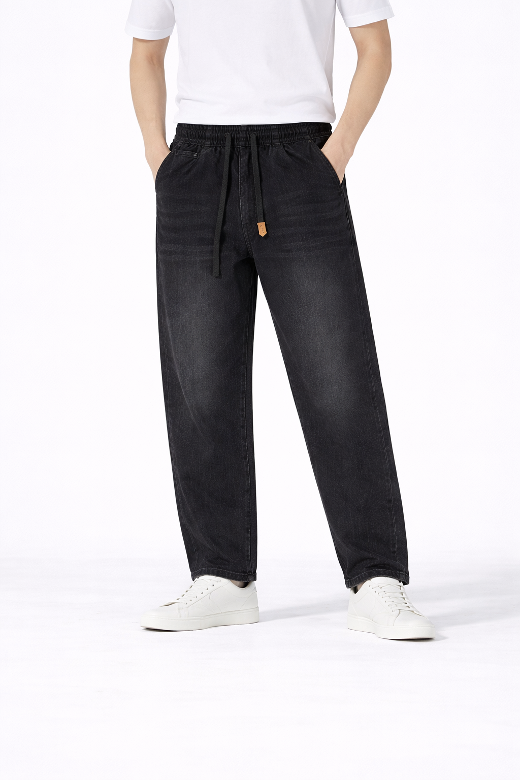 #P-6 Relaxed Fit Black Denim Pants with Drawstring