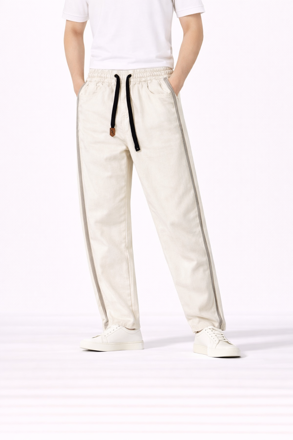 #P-15 Cream Side Stripe Jogger Pants