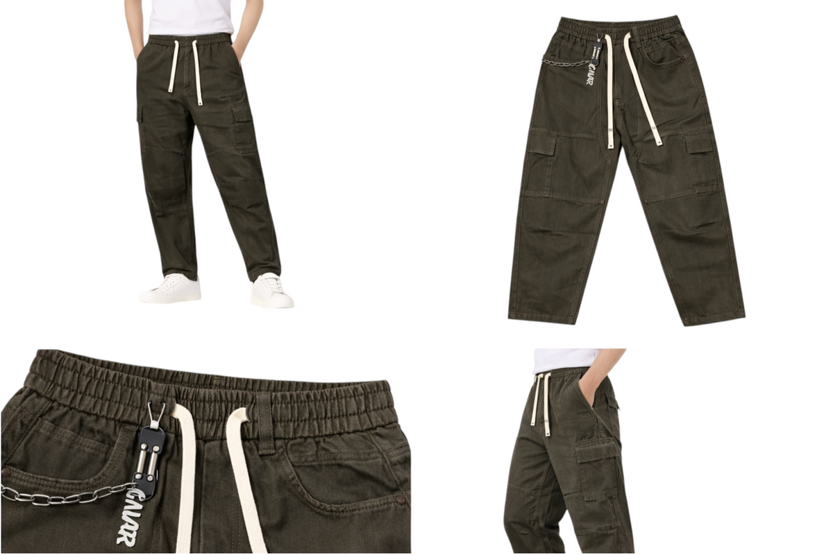 Golinzo utility washed jogger pants in dark olive with side chain detail, elastic drawstring waist, and cargo pockets.
