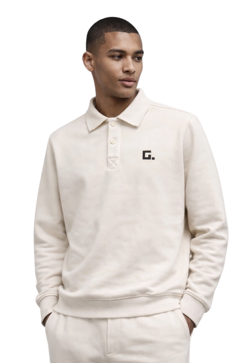 Golinzo cream fleece sweatshirt with a collared two-button placket and tonal G. logo, worn by a male model.
