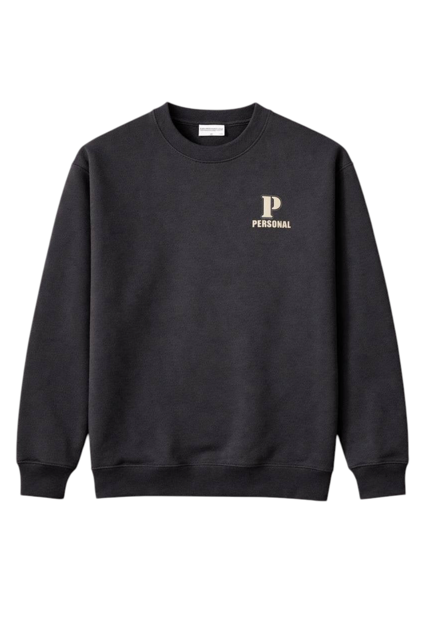 Golinzo charcoal fleece crewneck sweatshirt with a minimalist P Personal logo on the chest and ribbed trim.